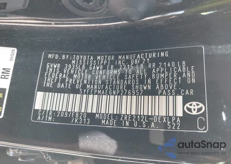 2022 Toyota Corolla Le z USA, uszkodzony, nr VIN 5YFEPMAE6NP276957